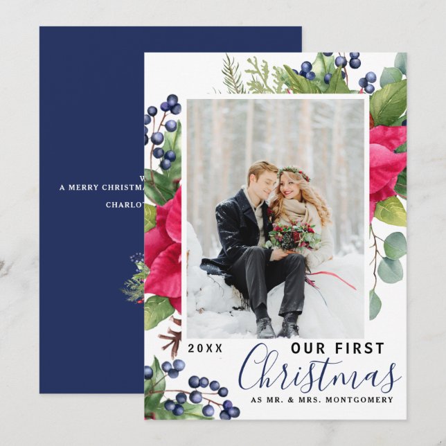 Cartes Pour Fêtes Annuelles Elégant Poinsettia Photo Notre premier bleu de Noë (Devant / Derrière)