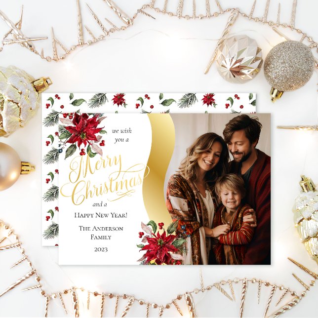 Cartes Pour Fêtes Annuelles Élégant Poinsettias Photo Joyeux Script de Noël (Modern elegant script text "Merry Christmas" poinsettias gold-tone wave photo holiday card.)