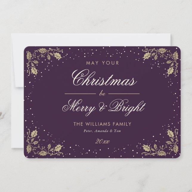 Cartes Pour Fêtes Annuelles Elégant Purple Gold Holly Neige (Devant)