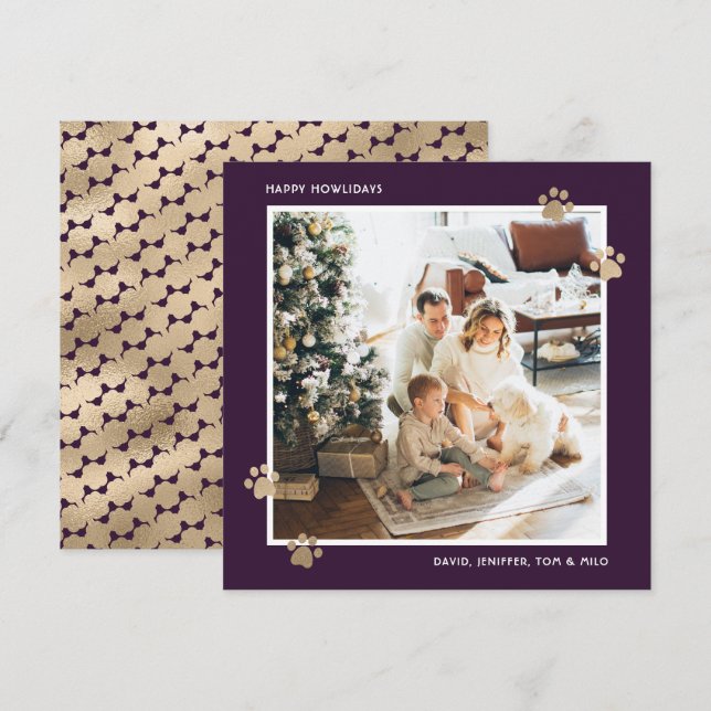 Cartes Pour Fêtes Annuelles Elégant Purple Gold Paw Photo Happy Howlidays (Devant / Derrière)