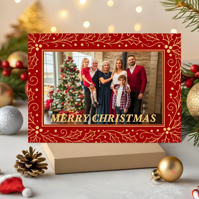 Cartes Pour Fêtes Annuelles Elegant Red & Antique-Gold Family Christmas Photo (Créateur téléchargé)