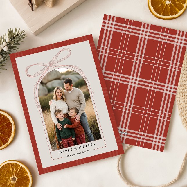 Cartes Pour Fêtes Annuelles Elegant Red Bow Plaid Family Arch Photo Christmas (Créateur téléchargé)