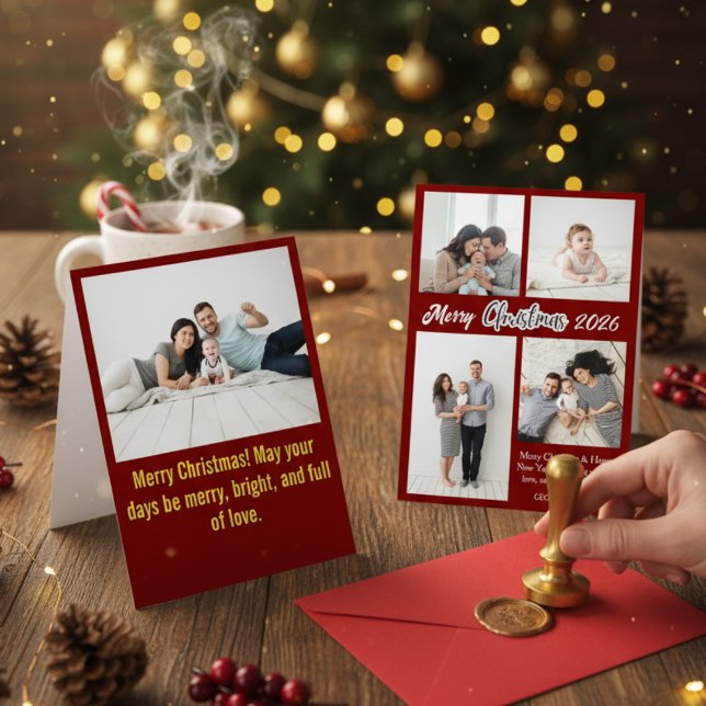 Cartes Pour Fêtes Annuelles Elegant Red Family Photo Collage Christmas Holiday (Créateur téléchargé)
