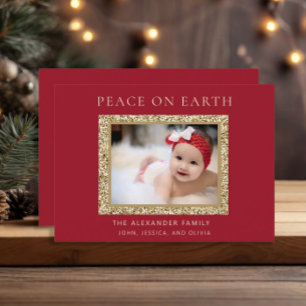 Cartes Pour Fêtes Annuelles Elegant Red Gold Joie Noël Photo Peace Earth