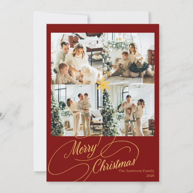 Cartes Pour Fêtes Annuelles Elegant Red & Gold Merry Christmas Family Photo -  (Devant)