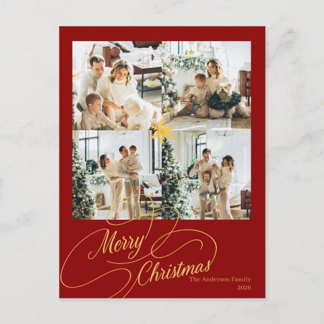 Cartes Pour Fêtes Annuelles Elegant Red & Gold Merry Christmas Family Photo -  (Devant)