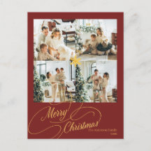 Elegant Red & Gold Merry Christmas Family Photo -