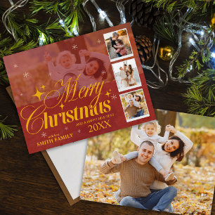 Cartes Pour Fêtes Annuelles Élégant Red & Gold Multi Photo Classic Noël