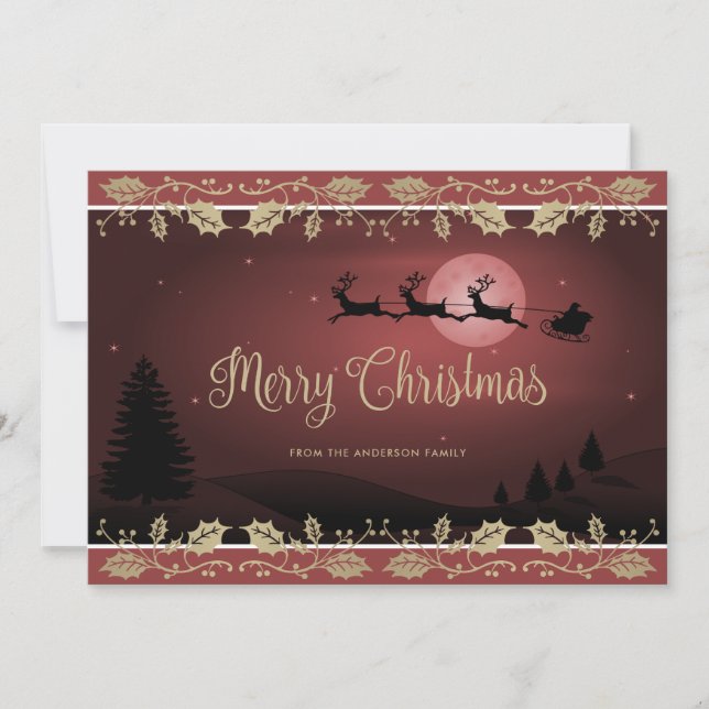 Cartes Pour Fêtes Annuelles Élégant Red Holly Reindeer Père Noël (Devant)