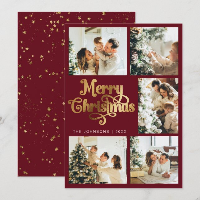 Cartes Pour Fêtes Annuelles Élégant Retro Faux Gold Joyeux Noël Famille (Devant / Derrière)