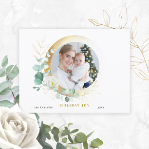 Cartes Pour Fêtes Annuelles Elégant Rose, Eucalyptus et Round Gold Photo
