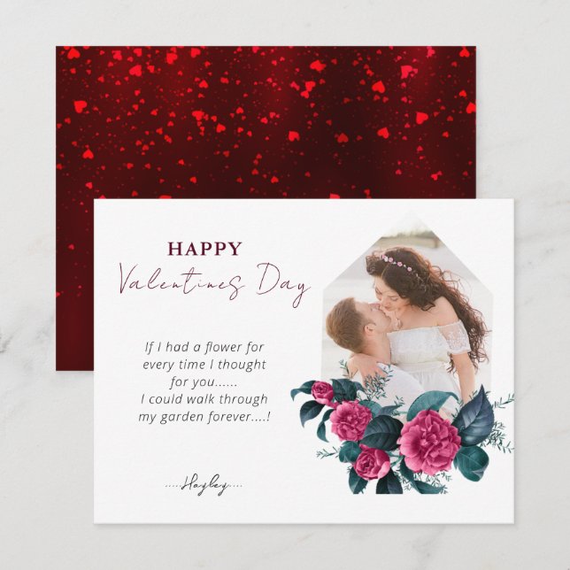Cartes Pour Fêtes Annuelles Élégant rose florale photo horizontale Valentines (Devant / Derrière)