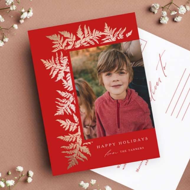 Cartes Pour Fêtes Annuelles Elégant Rose Gold Garland Photo Noël (Elegant rose gold garland greenery red photo holiday postcard.)
