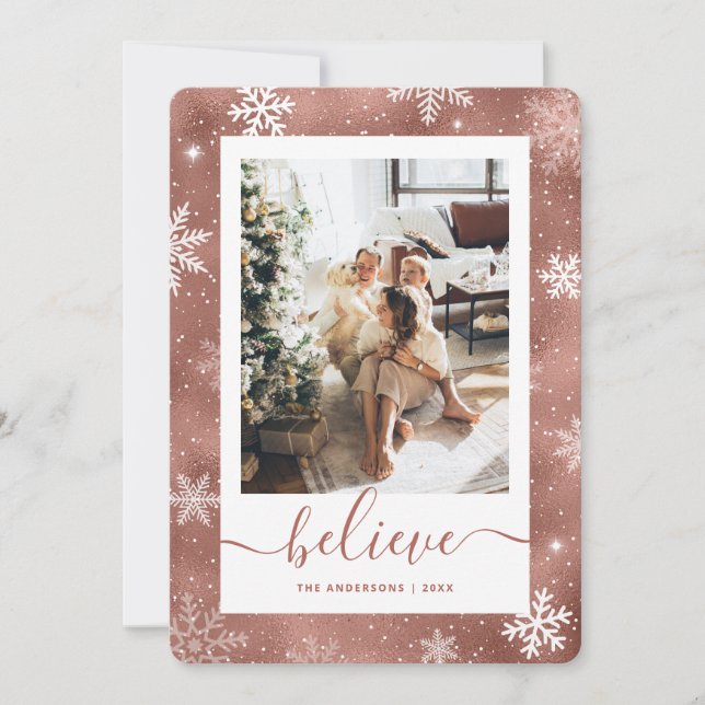 Cartes Pour Fêtes Annuelles Élégant Rose Gold Photo Snowflake (Devant)