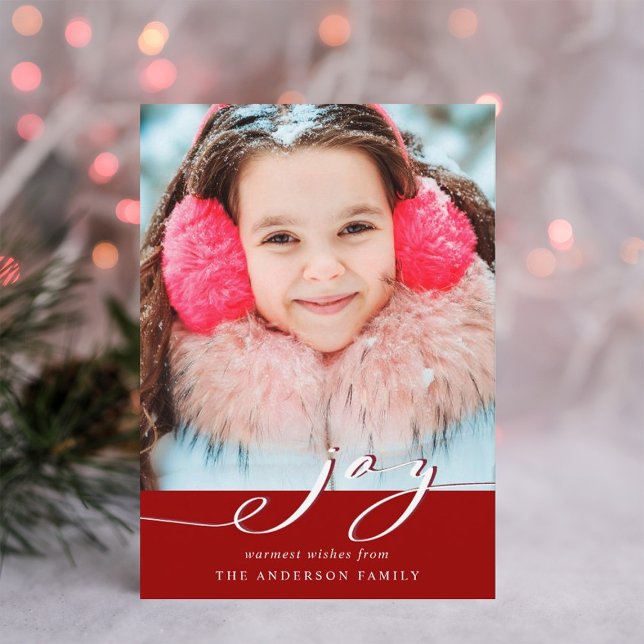 Cartes Pour Fêtes Annuelles Elégant Rouge & Blanc Joy Script Photo (Créateur téléchargé)