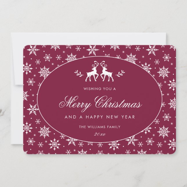 Cartes Pour Fêtes Annuelles Élégant rouge claret blanc flocon de neige renne (Devant)