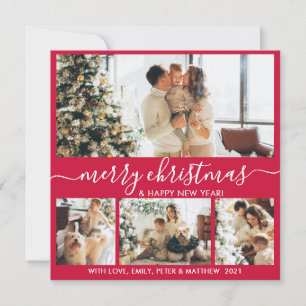 Cartes Pour Fêtes Annuelles Elégant Rouge et Blanc 4 Photo Collage Noël