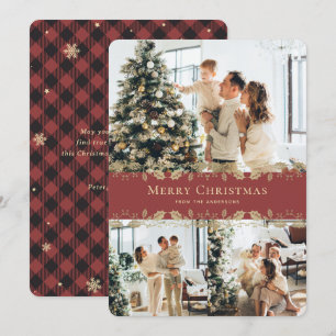 Cartes Pour Fêtes Annuelles Élégant Rouge Or Holly Plaid Photo Noël