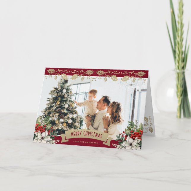Cartes Pour Fêtes Annuelles Élégant rouge or houx poinsettia photo Noël (Devant)