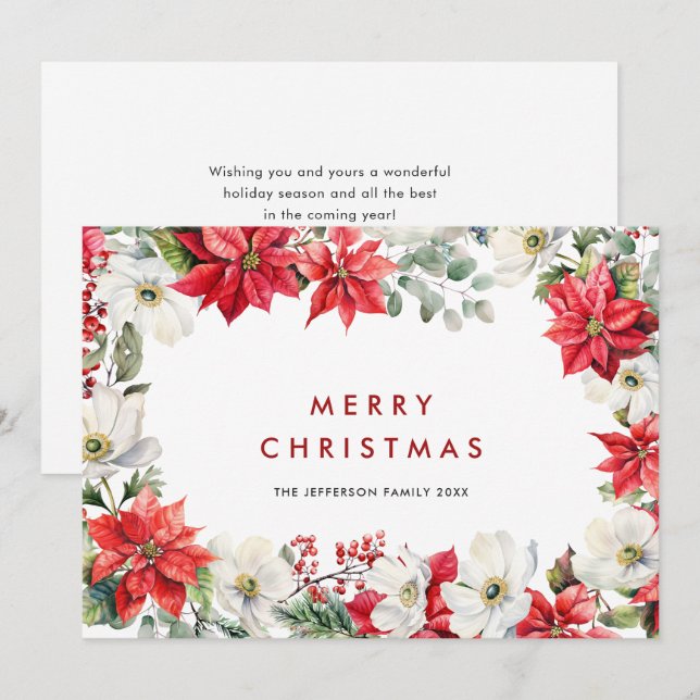 Cartes Pour Fêtes Annuelles Elégant Rouge Poinsettia Joyeux voeux de Noël (Devant / Derrière)