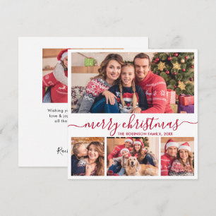 Cartes Pour Fêtes Annuelles Élégant Rouge Script 4 Photo Collage Noël