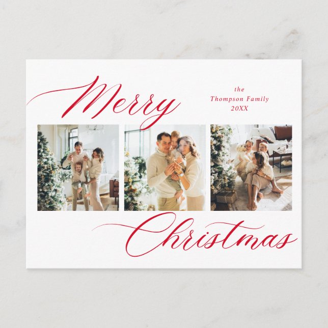 Cartes Pour Fêtes Annuelles Élégant Rouge Script Joyeux Noël Photo Collage (Devant)