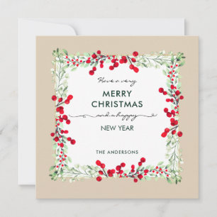 Cartes Pour Fêtes Annuelles Élégant Rouge Vert hiver Botanique Beige Noël