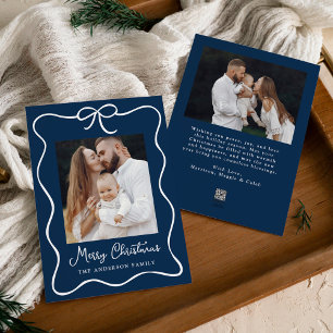 Cartes Pour Fêtes Annuelles Elégant ruban Bow Navy 2 Photo Holiday Card