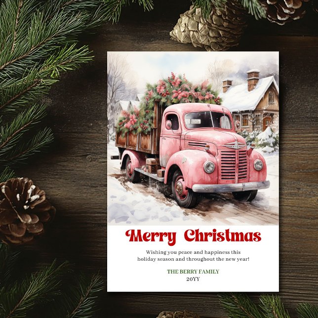 Cartes Pour Fêtes Annuelles Elegant rustic Christmas scene pink truck greeting (Elegant rustic Christmas scene pink truck greeting Holiday Card)