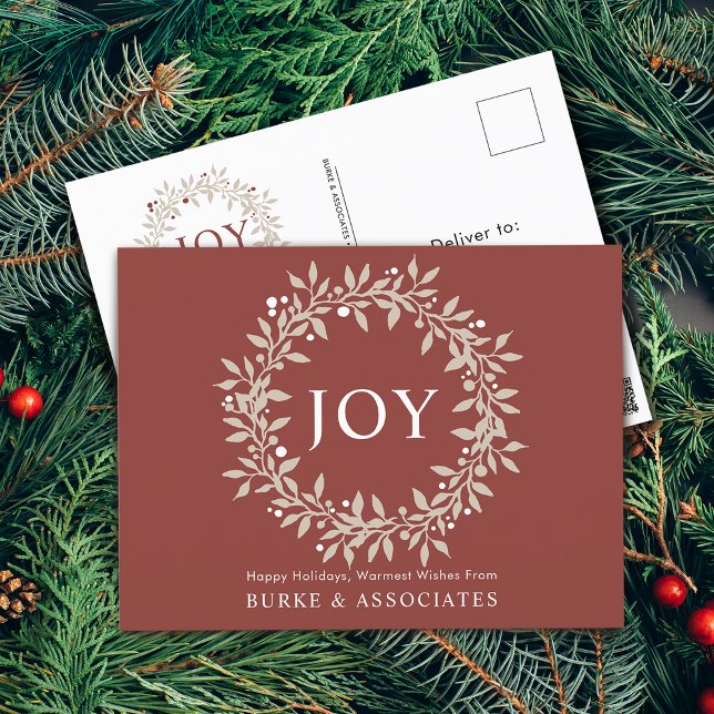 Cartes Pour Fêtes Annuelles Elégant Rustic Wreath Joy Business (Elegant Rustic Wreath Joy Business Holiday Postcard)