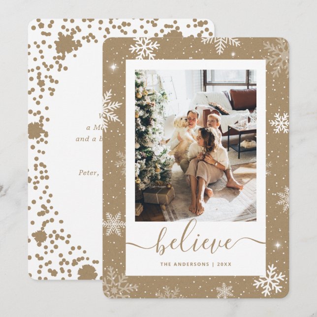 Cartes Pour Fêtes Annuelles Élégant Rustique Kraft papier photo Snowflake (Devant / Derrière)