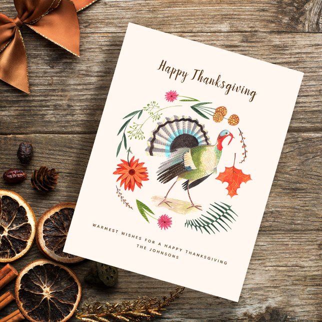Cartes Pour Fêtes Annuelles Elégant Rustique Turquie Thanksgiving Botanique (Modern Elegant Turkey Thanksgiving Botanical Holiday Postcard)