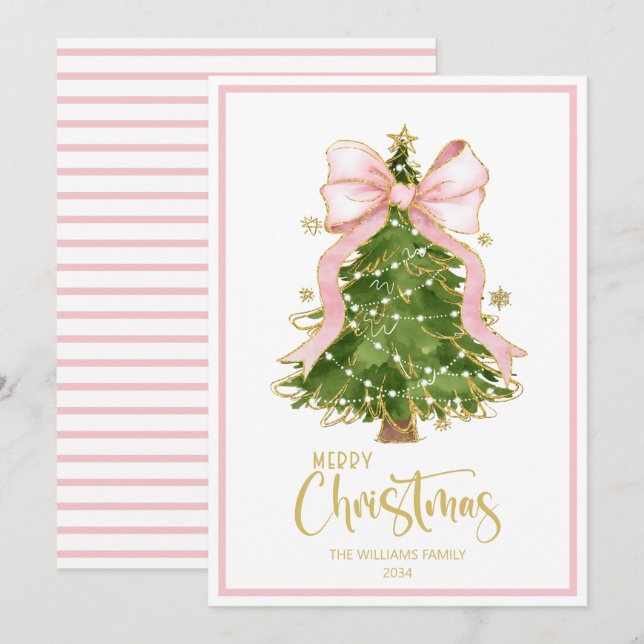 Cartes Pour Fêtes Annuelles Élégant Scipt Noël Arbre rose Bow (Devant / Derrière)
