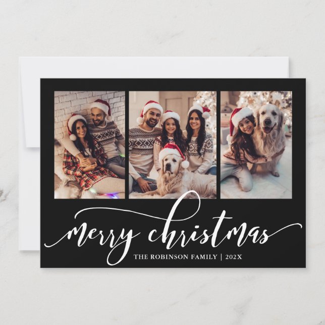 Cartes Pour Fêtes Annuelles Elegant Script 3 Photo Collage Black Christmas  (Devant)