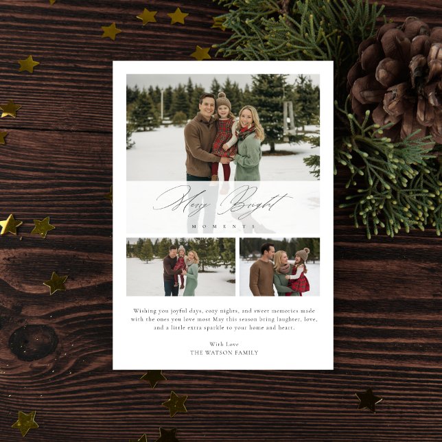 Cartes Pour Fêtes Annuelles  Elegant Script 3 Photo Merry Bright Moments (Créateur téléchargé)