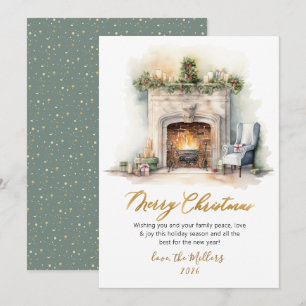 Cartes Pour Fêtes Annuelles Élégant Script aquarelle cheminée Noël