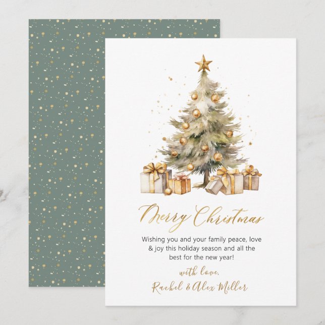 Cartes Pour Fêtes Annuelles Élégant Script Aquarelle Pine Arbre Noël (Devant / Derrière)