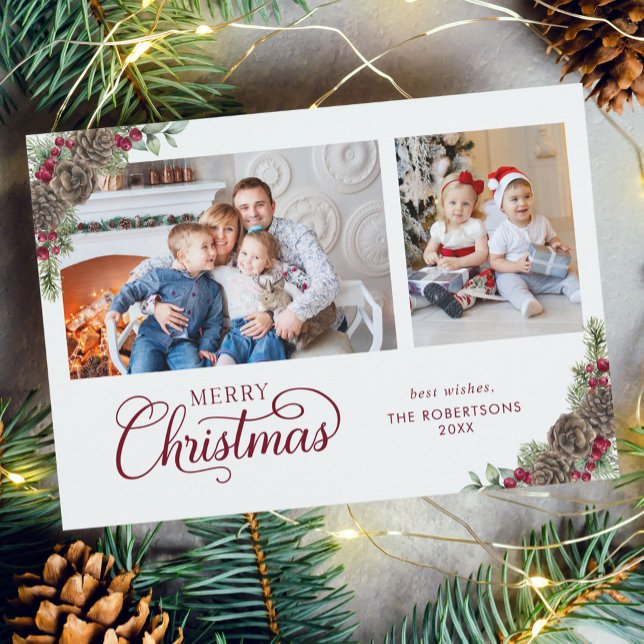 Cartes Pour Fêtes Annuelles Élégant script de Noël Botanique 2 Photo (Créateur téléchargé)