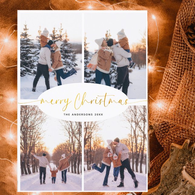 Cartes Pour Fêtes Annuelles Élégant script Famille de Noël Photo Collage (Créateur téléchargé)