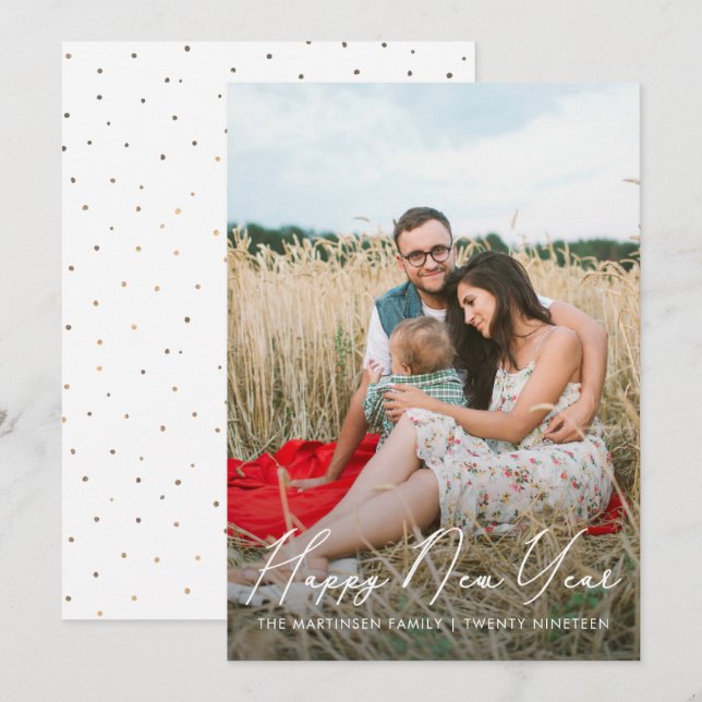 Cartes Pour Fêtes Annuelles Élégant Script Faux Gold Dots Bonne année (Devant / Derrière)