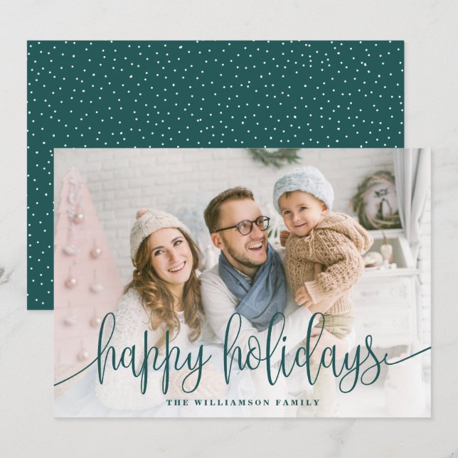 Cartes Pour Fêtes Annuelles Élégant Script Full Photo Happy Holidays Green (Devant / Derrière)