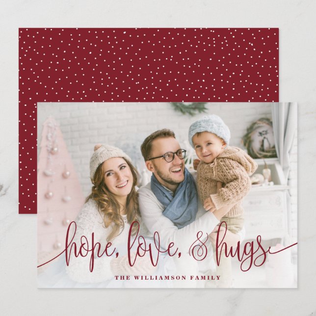 Cartes Pour Fêtes Annuelles Élégant Script Full Photo Hope Love Hugs Rouge (Devant / Derrière)