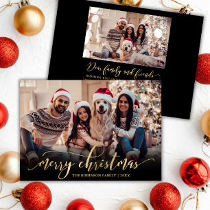 Cartes Pour Fêtes Annuelles Élégant Script Gold Script Black 2 Photo Noël
