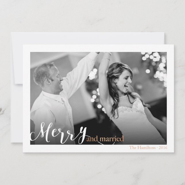 Cartes Pour Fêtes Annuelles Élégant Script Joyeux et Marié Photo Noël (Devant)