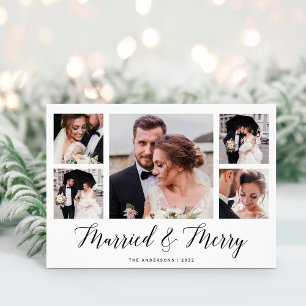 Cartes Pour Fêtes Annuelles Elegant Script Multi Photo Grid Married and Bright