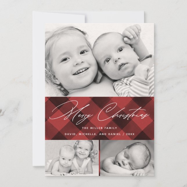 Cartes Pour Fêtes Annuelles Élégant Script Noël Plaid 3 Photo Collage (Devant)