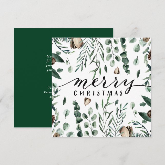 Cartes Pour Fêtes Annuelles Élégant script noir Magnolia Eucalyptus Verdure (Devant / Derrière)