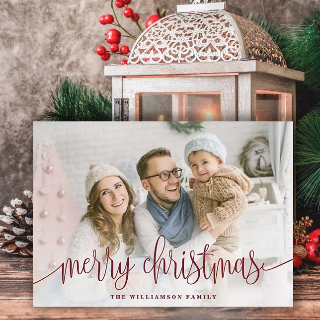 Cartes Pour Fêtes Annuelles Élégant Script photo pleine Joyeux Noël Rouge (Créateur téléchargé)