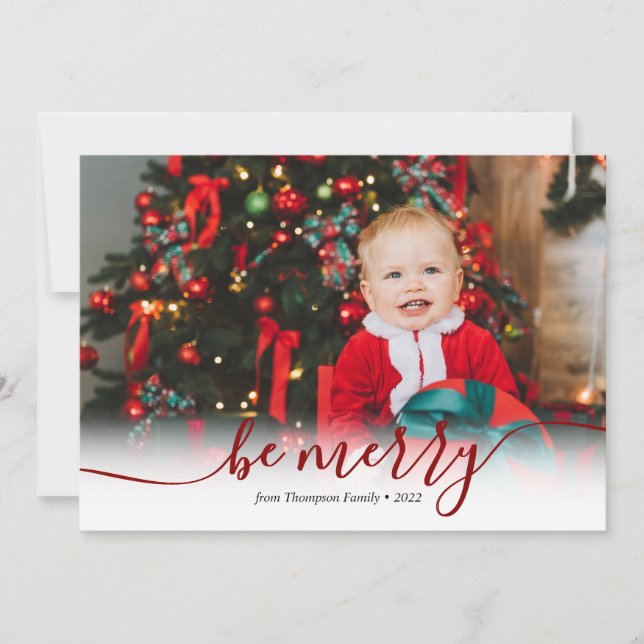 Cartes Pour Fêtes Annuelles Élégant Script Red Be Joyeux Photo Noël (Devant)