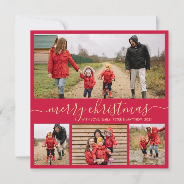 Cartes Pour Fêtes Annuelles Élégant Script Red Gold Photo Collage Noël (Devant)